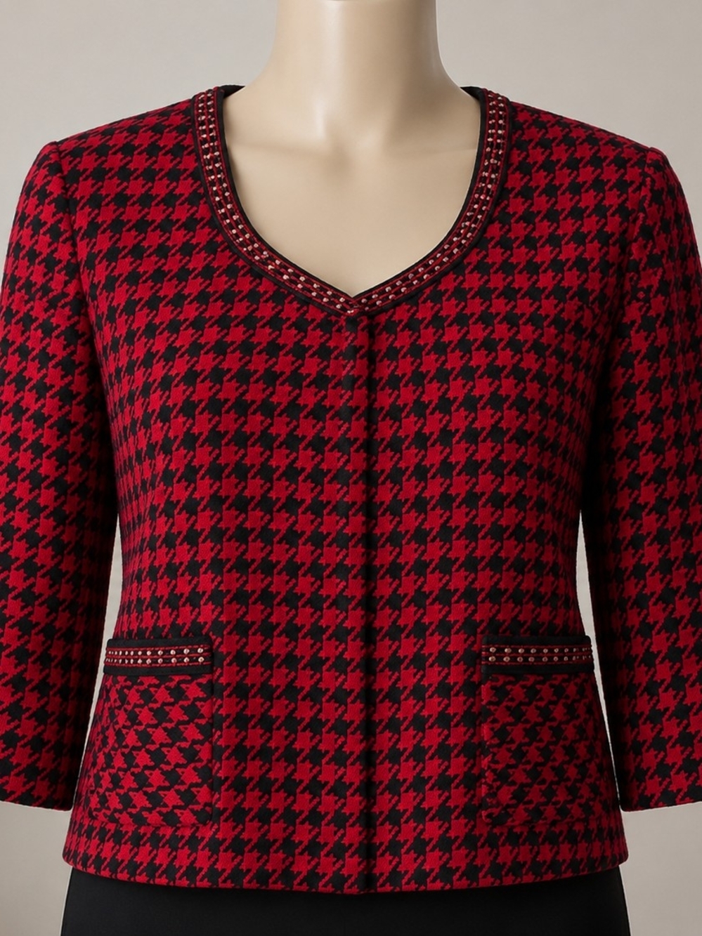 WISH Vintage Houndstooth Blazer Jacket Red Black Trim Size 18 Petite Cropped